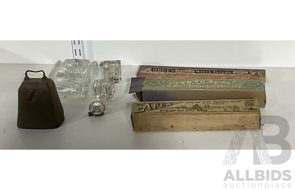 Three Boxes of Vintage Australian Gas Lamp and Table Candles Including Apex, Price's, Palace with Four Inch Brass Horse Bell, Antique Ink Wells