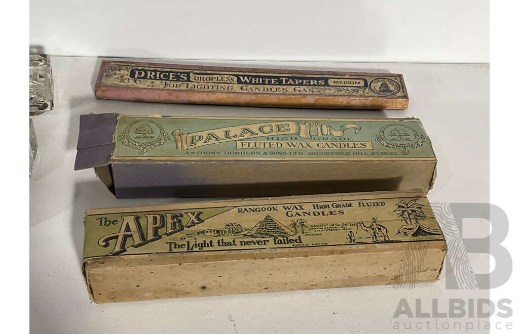 Three Boxes of Vintage Australian Gas Lamp and Table Candles Including Apex, Price's, Palace with Four Inch Brass Horse Bell, Antique Ink Wells