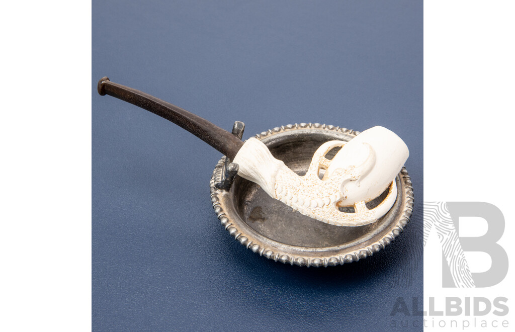 Vintage Hand Carved Meerschaum Dragons Claw Opium Pipe with Metal Ashtray Stand