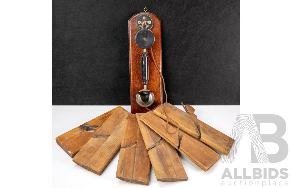 Six Vintage Timber Profile Hand Planes with Vintage Skeletal Telephone Hand Set on Timber Wall Hanger
