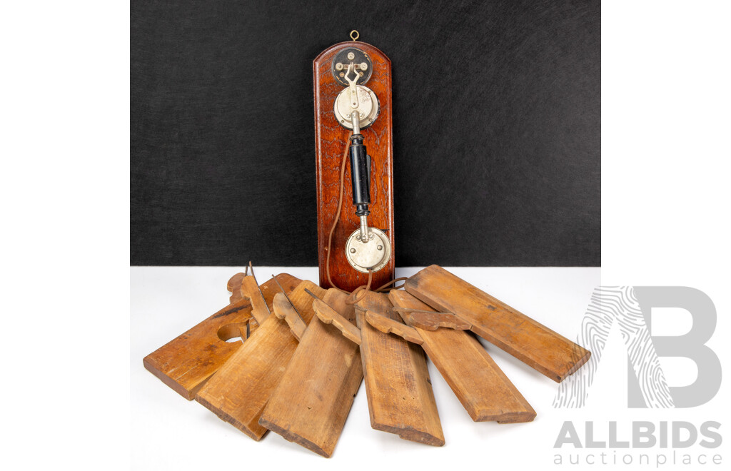 Six Vintage Timber Profile Hand Planes with Vintage Skeletal Telephone Hand Set on Timber Wall Hanger