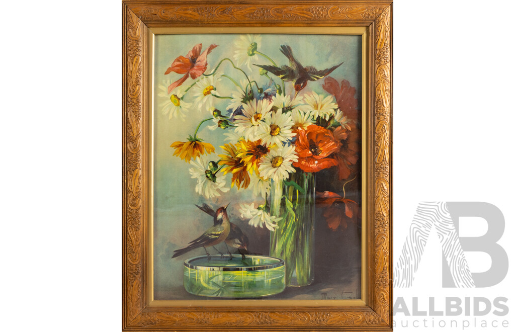 Mary Golay, (19/20th Centuries, British, 1869-1944), Still Life - Flowers and Birds, Antique Reproduction Colour Print, 59 x 49 cm (frame)