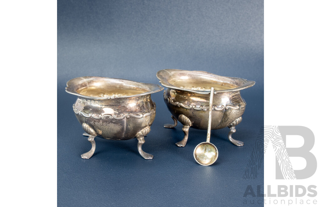 Two Antique Sterling Silver Condiment Bowls, Walker & Hall, Birmingham, 1899 with Spoon, Birmingham, 1900