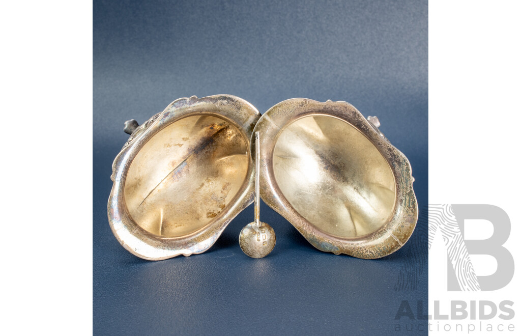 Two Antique Sterling Silver Condiment Bowls, Walker & Hall, Birmingham, 1899 with Spoon, Birmingham, 1900