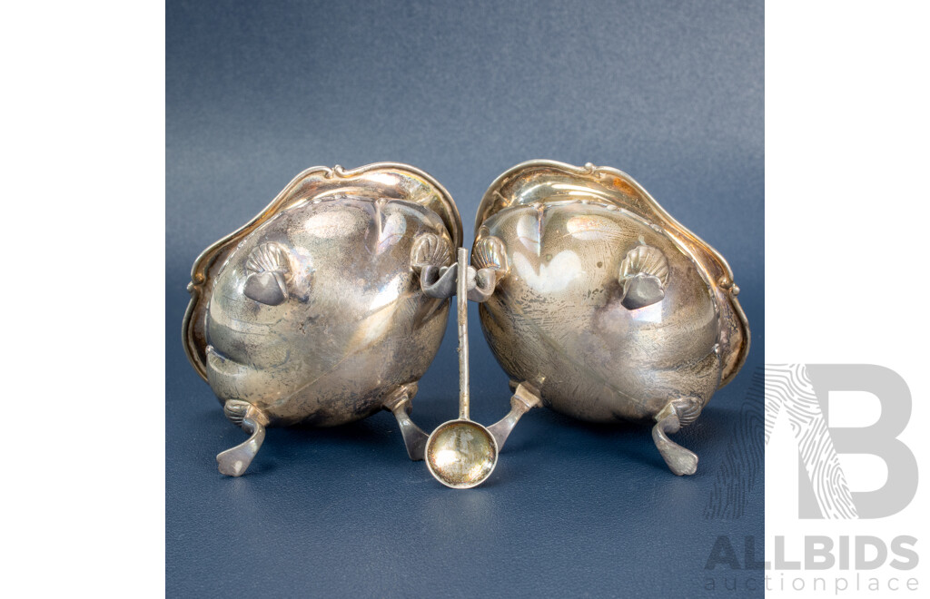 Two Antique Sterling Silver Condiment Bowls, Walker & Hall, Birmingham, 1899 with Spoon, Birmingham, 1900