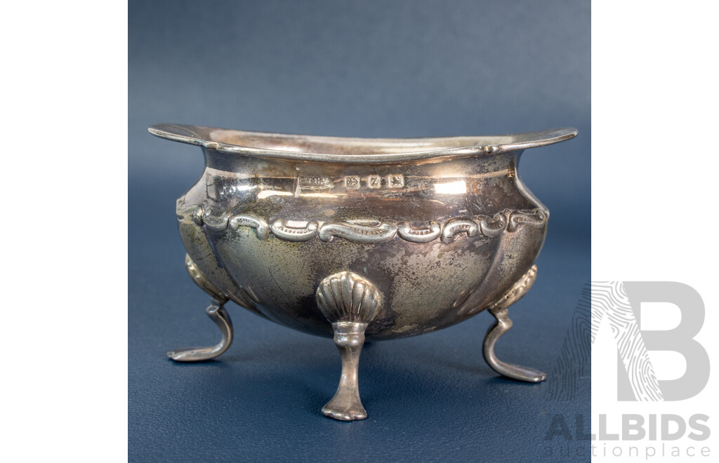 Two Antique Sterling Silver Condiment Bowls, Walker & Hall, Birmingham, 1899 with Spoon, Birmingham, 1900