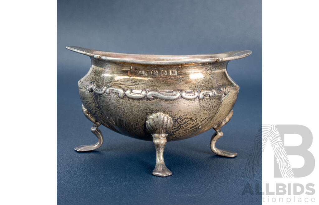 Two Antique Sterling Silver Condiment Bowls, Walker & Hall, Birmingham, 1899 with Spoon, Birmingham, 1900
