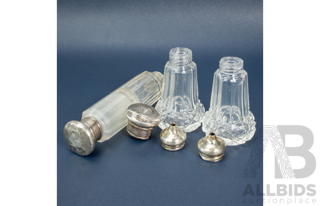 Antique Sterling Silver and Glass Salt and Pepper Shakers, Walker & Hall, Birmingham, 1914 and Victorian Sterling Silver and Glass Double Ended Scent Bottle