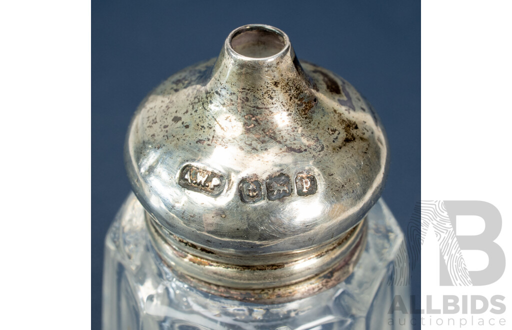 Antique Sterling Silver and Glass Salt and Pepper Shakers, Walker & Hall, Birmingham, 1914 and Victorian Sterling Silver and Glass Double Ended Scent Bottle