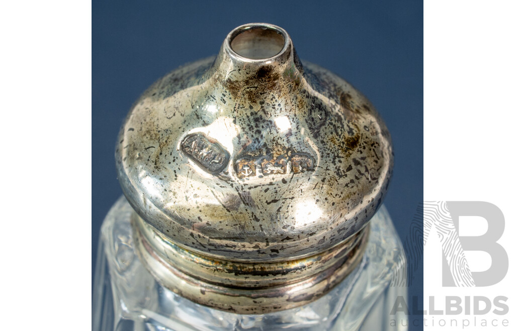 Antique Sterling Silver and Glass Salt and Pepper Shakers, Walker & Hall, Birmingham, 1914 and Victorian Sterling Silver and Glass Double Ended Scent Bottle