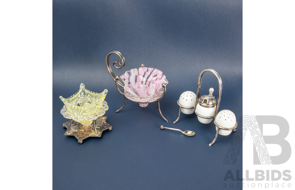 Vintage Copeland Spode China Cruet Set with Art Glass Inserts