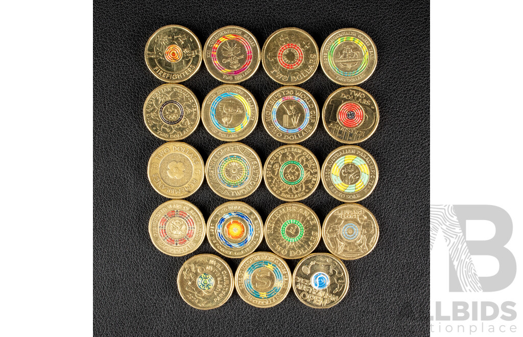 Nineteen Australian Commemorative Two Dollar Coins Including 2020 Firefighters, 2018 Armistice, 2025 Australian Open, 2021 Ambulance Service, 2012, 2014  Remembrance, 2020, 2024 Paralympics, 2016 Olympics, 2019 Reparation..............