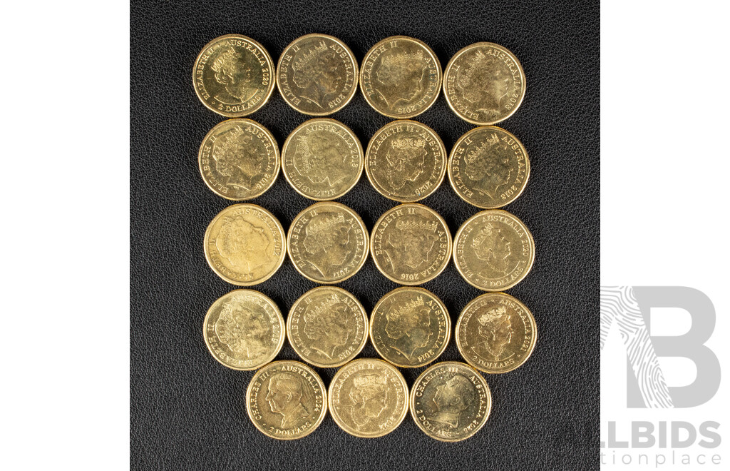 Nineteen Australian Commemorative Two Dollar Coins Including 2020 Firefighters, 2018 Armistice, 2025 Australian Open, 2021 Ambulance Service, 2012, 2014  Remembrance, 2020, 2024 Paralympics, 2016 Olympics, 2019 Reparation..............