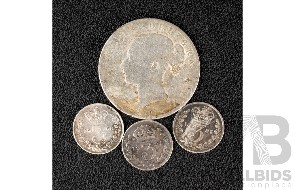 Four Great Britain Silver QV Coins Including 1881 Silver Half Crown, Three Threepence 1885, 1886, 1894  .925