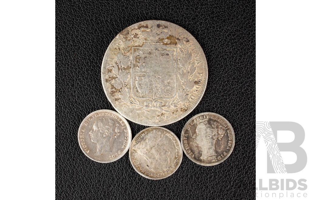 Four Great Britain Silver QV Coins Including 1881 Silver Half Crown, Three Threepence 1885, 1886, 1894  .925