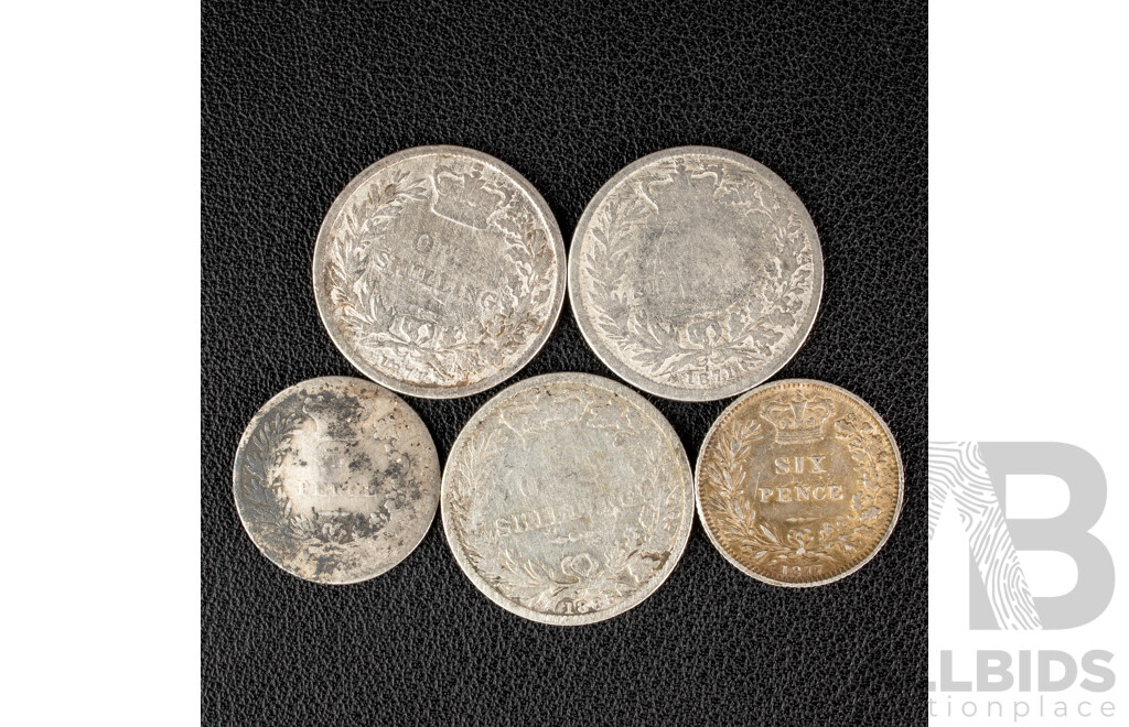Five Great Britain Silver QV Coins Including Three Shillings, 1871, 1874, 1885, Two Sixpence 18??, 1877  .925