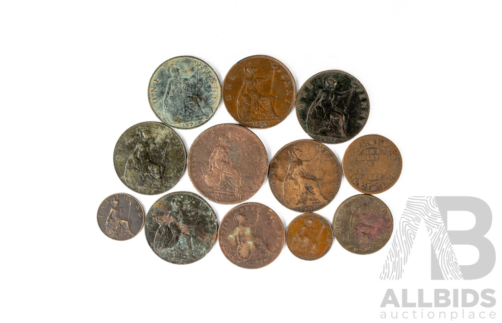 Eleven Antique Great Britain Coins Including Pennies KGIV 1826 QV 1896, 1897 KEVII 1907(3) 1910, Half Penny GIV 1826, QV 1867, Farthings KEVII 1908, KGV 1922, British India Quarter Anna QV