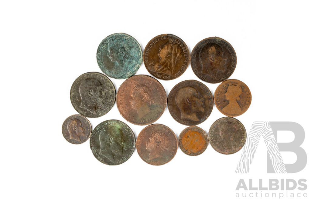 Eleven Antique Great Britain Coins Including Pennies KGIV 1826 QV 1896, 1897 KEVII 1907(3) 1910, Half Penny GIV 1826, QV 1867, Farthings KEVII 1908, KGV 1922, British India Quarter Anna QV