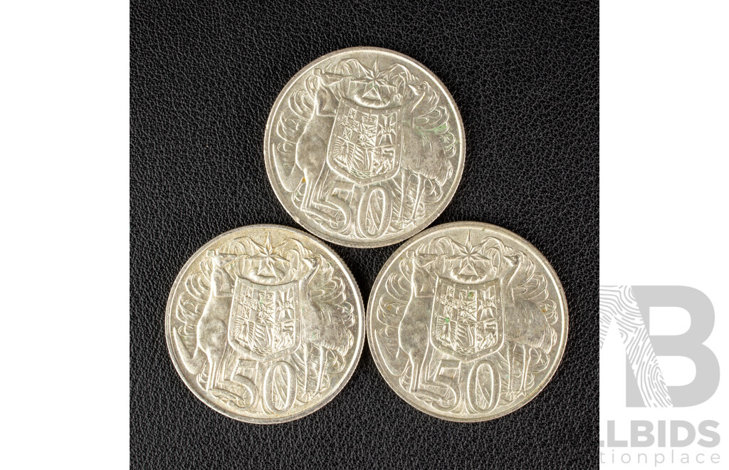 Three Australian 1966 Round Silver Fifty Cent Coins .800