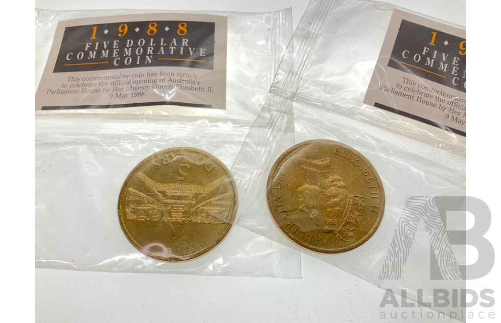 Two Australian 1988 Five Dollar Coins with Commemorative Twenty Cents Including Seven 2001 Federation and Three 2001 Donald Bradman