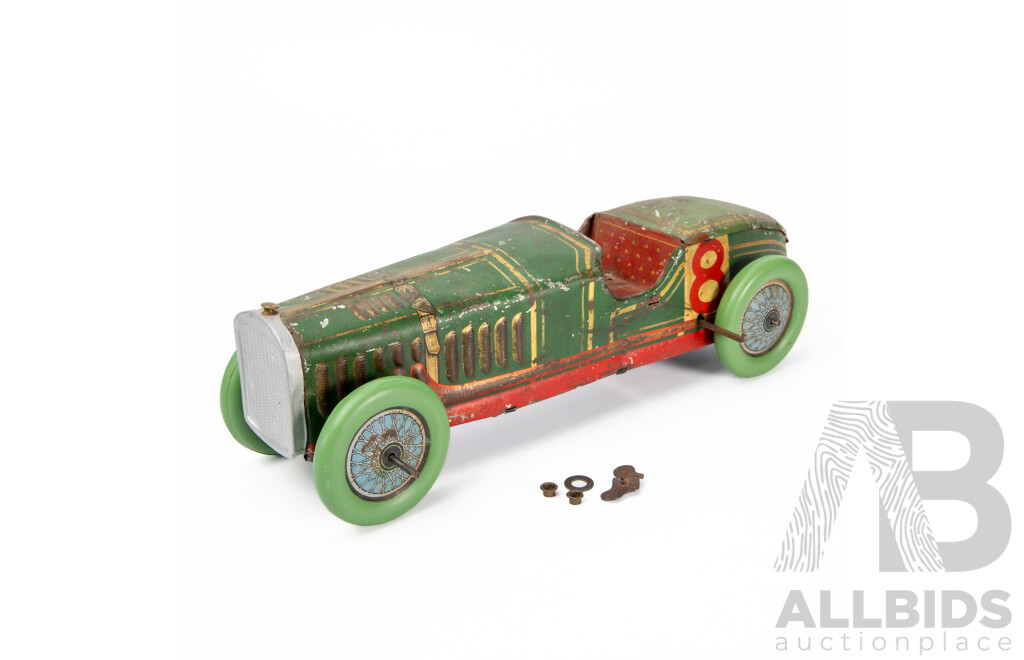 Vintage Pressed Steel Clock Work Race Car, Made in Japan