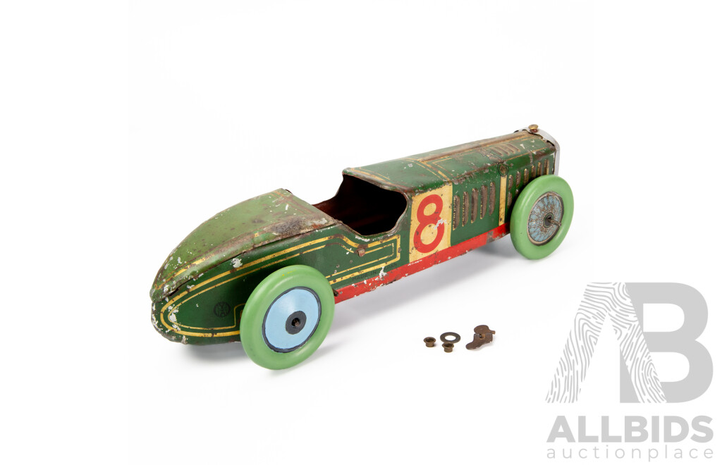 Vintage Pressed Steel Clock Work Race Car, Made in Japan