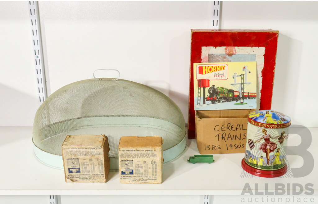 Collection of 1950's Cereal Box Toy Trains, Kande Australia Wire Mesh Food Cover, 1960's Wild and Land Magazines, Two DuPont Military Rifle Powder Boxes, Hornby Clockwork Railway Box and Catalogue, Sound of Music Tin with Music Box