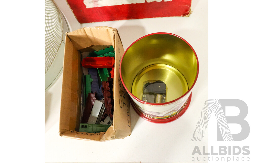Collection of 1950's Cereal Box Toy Trains, Kande Australia Wire Mesh Food Cover, 1960's Wild and Land Magazines, Two DuPont Military Rifle Powder Boxes, Hornby Clockwork Railway Box and Catalogue, Sound of Music Tin with Music Box