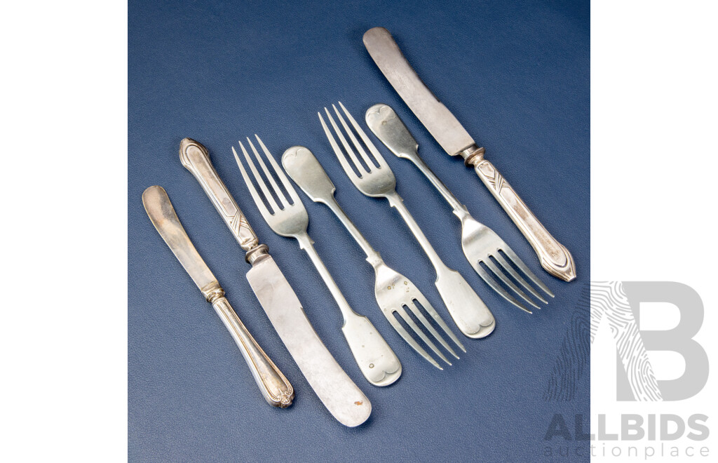 Vintage Silver Butter Knife, Sheffield with Two Silver Plate Knives, Four Walker & Hall Sonora Silver Forks