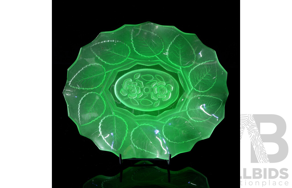 Vintage Uranium Glass Dish with Impressed Leaf and Rose Design