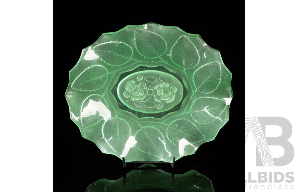 Vintage Uranium Glass Dish with Impressed Leaf and Rose Design