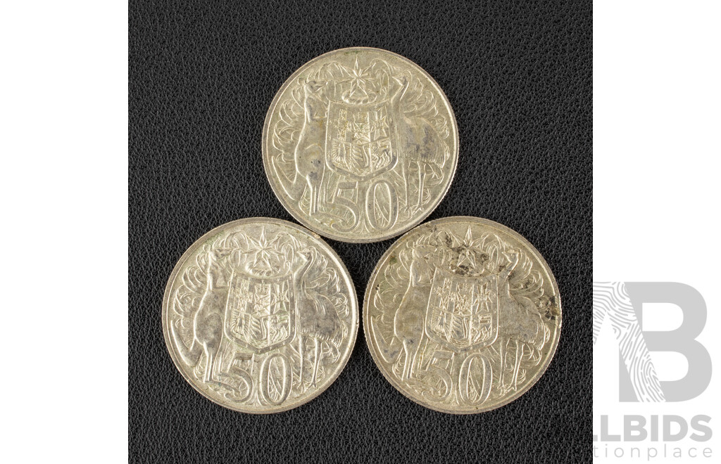 Three Australian 1966 Round Silver Fifty Cent Coins .800
