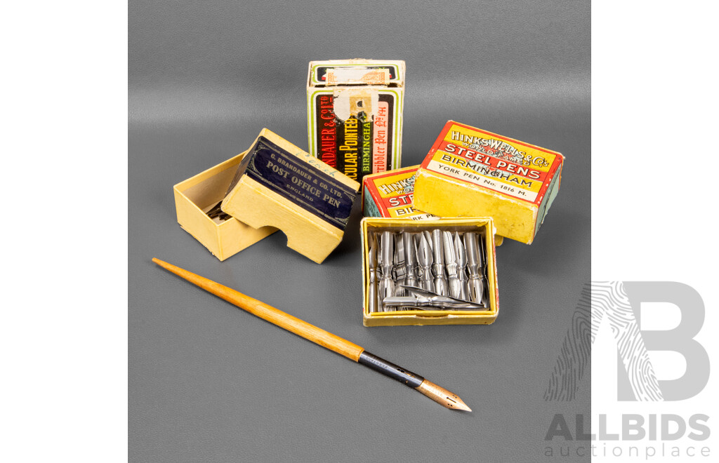 Three Boxes of Hinks Wells & Co Pen Nibs, Two Boxes of C.Brandauer & Co LTD Nibs, Perry & Co Ink Quill Pen with Gold Plated Nib