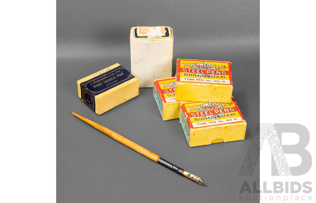 Three Boxes of Hinks Wells & Co Pen Nibs, Two Boxes of C.Brandauer & Co LTD Nibs, Perry & Co Ink Quill Pen with Gold Plated Nib