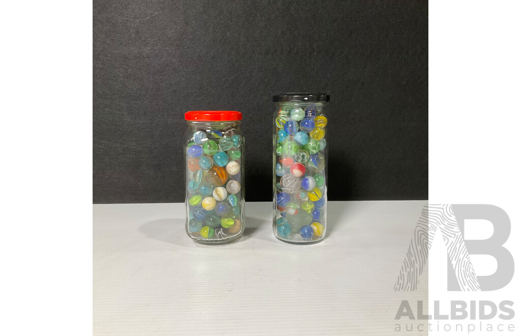 Two Jars of Vintage Marbles Including Cats Eyes and Jumbos