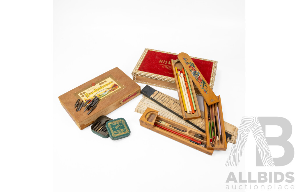 Vintage Timber Combination Pencil Box, C.F Mitchell Polytechnic Technical Scales, Warrigal Tin Case with Fountain Pen Tips, Henri Wintermans and Ritmeester Timber Cigar Boxes