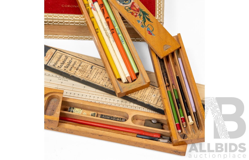 Vintage Timber Combination Pencil Box, C.F Mitchell Polytechnic Technical Scales, Warrigal Tin Case with Fountain Pen Tips, Henri Wintermans and Ritmeester Timber Cigar Boxes