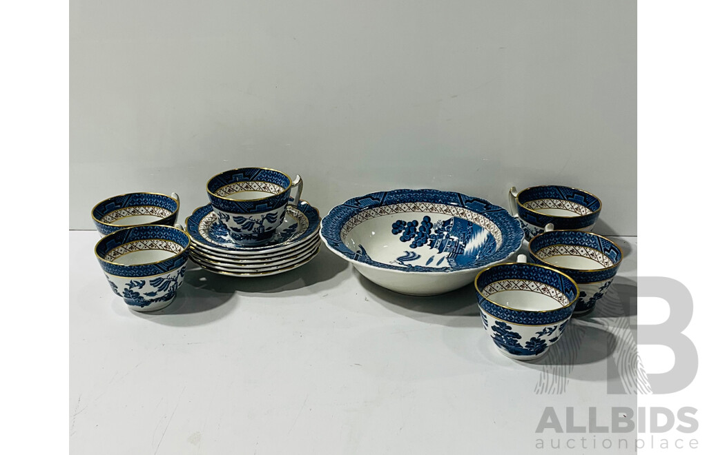 Set of Six Antique Duos and Bowl in Real Old Willow Pattern by Booths