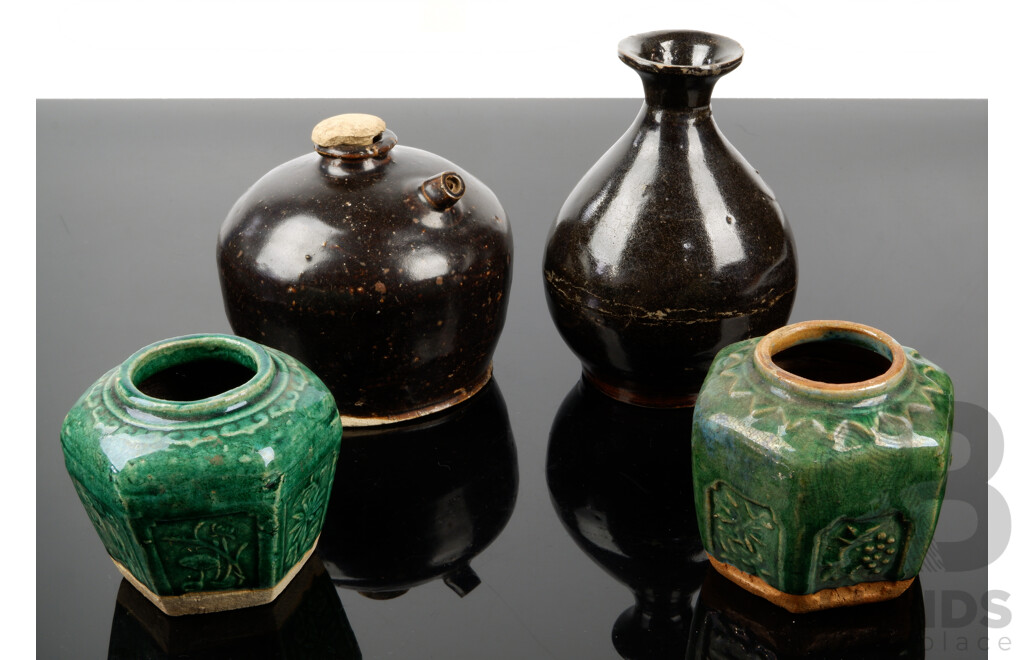 Pair Chinese Australian Goldfields Hexagonal Ginger Jars Along with Two Goldfields Brown Pottery Vessels