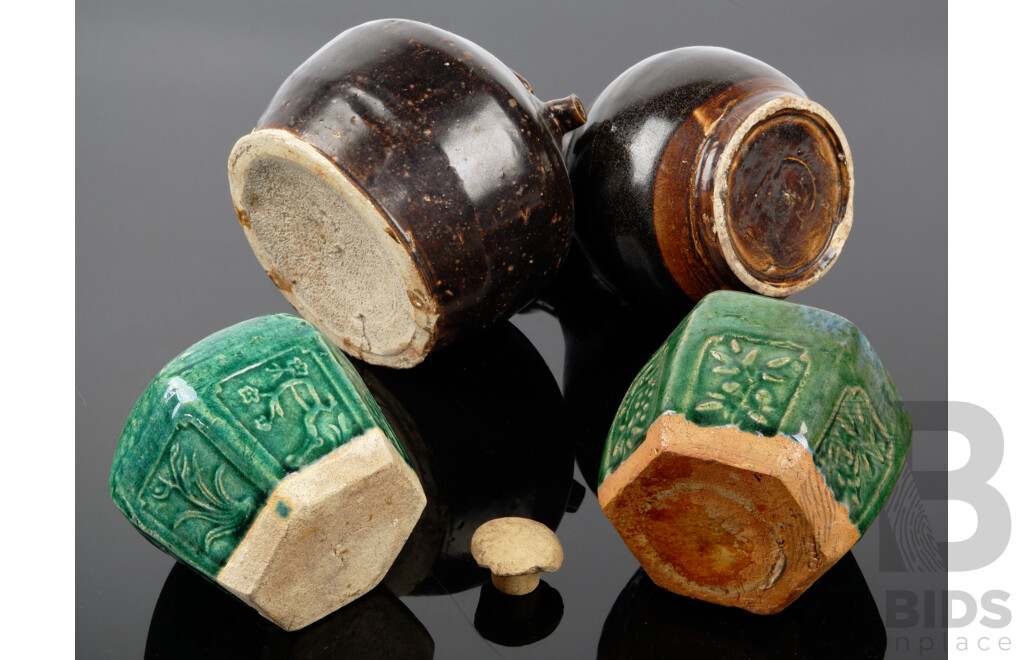 Pair Chinese Australian Goldfields Hexagonal Ginger Jars Along with Two Goldfields Brown Pottery Vessels