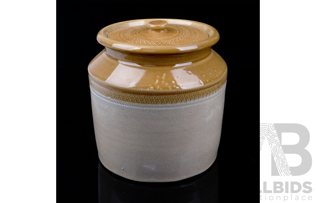 Antique Australian Lithgow Pottery Lidded Crock Number 2 with Impressed Decoration to Rim, Circa 1880s