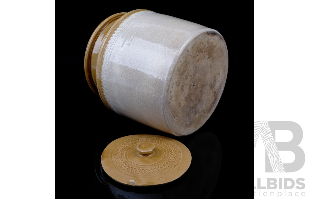 Antique Australian Lithgow Pottery Lidded Crock Number 2 with Impressed Decoration to Rim, Circa 1880s