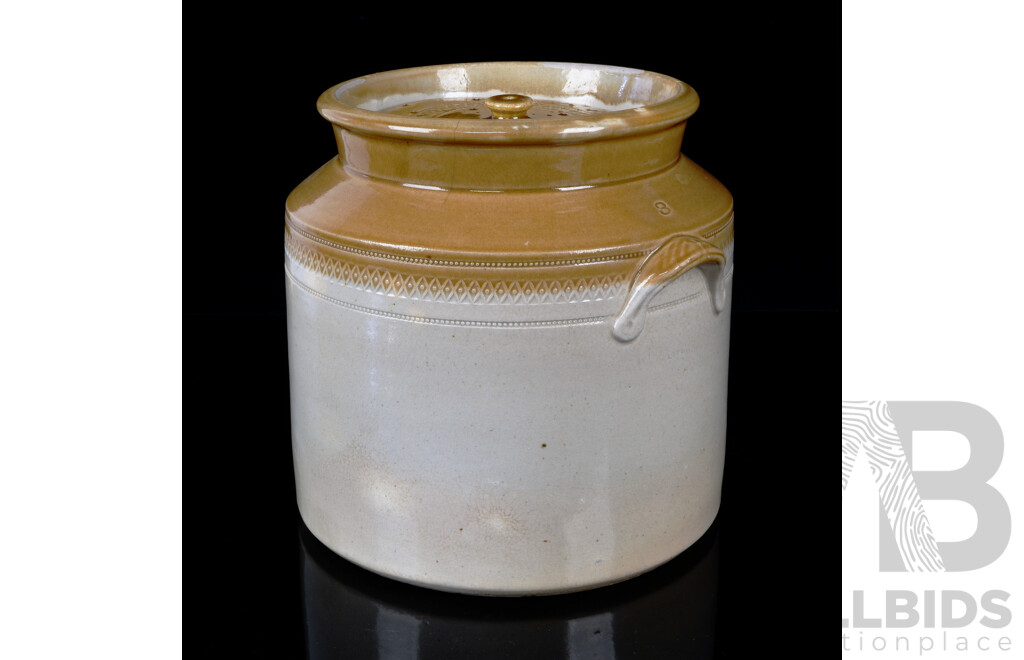 Antique Australian Lithgow Pottery Lidded Crock Number 3 with Impressed Decoration to Rim, Circa 1880s