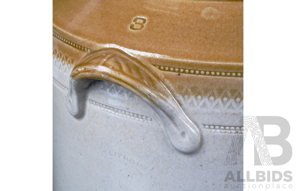 Antique Australian Lithgow Pottery Lidded Crock Number 3 with Impressed Decoration to Rim, Circa 1880s