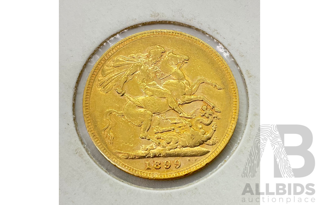 Australian 1899 Gold Sovereign, Queen Victoria, Melbourne Mint .917