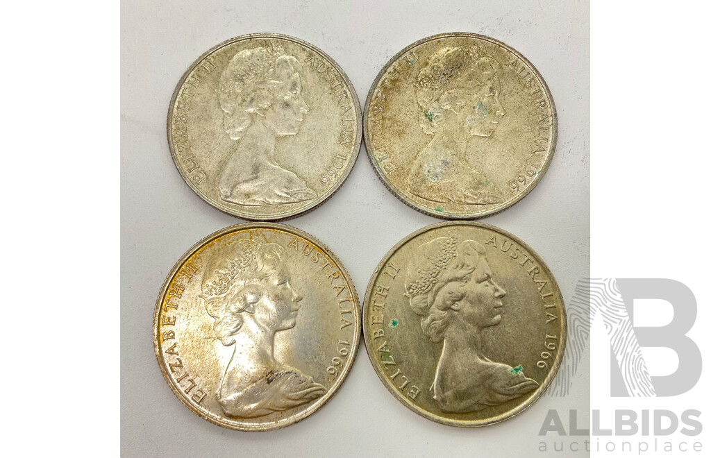 Four Australian 1966 Round Silver Fifty Cent Coins .800