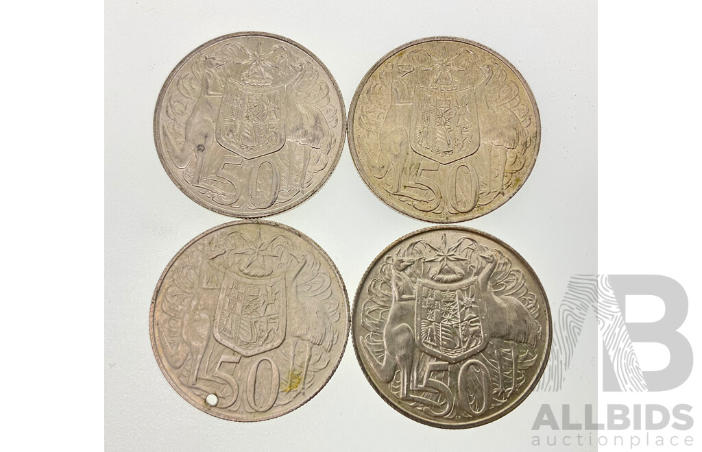 Four Australian 1966 Round Silver Fifty Cent Coins .800