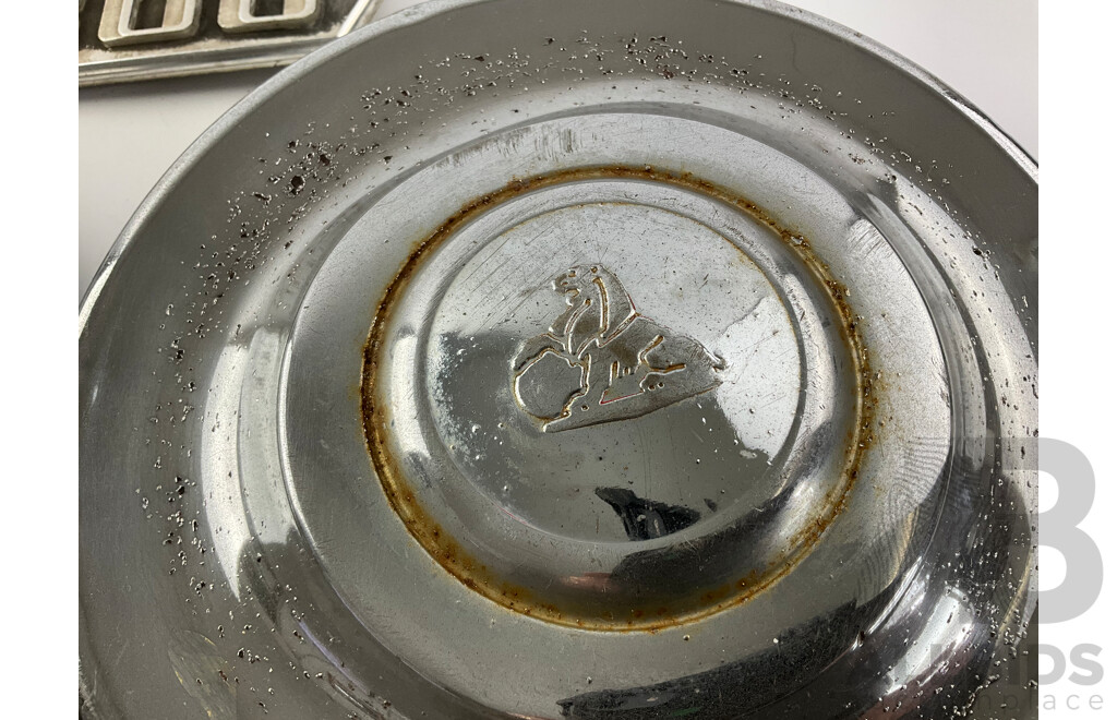 Two Holden FB Hubcaps, Automotive Badges Including Humber Supersnipe and Astor 21