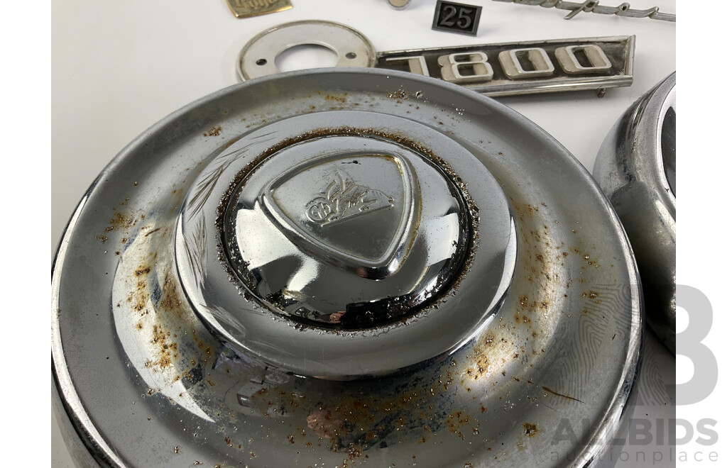 Two Holden FB Hubcaps, Automotive Badges Including Humber Supersnipe and Astor 21