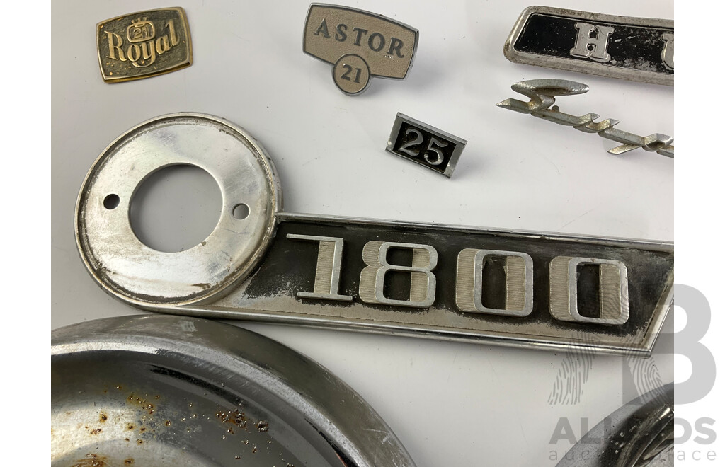 Two Holden FB Hubcaps, Automotive Badges Including Humber Supersnipe and Astor 21